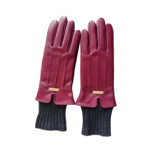 Burgundy Leather <b>Gloves</b> With <b>Wool</b> Lining Thermal Winter Wrist Length Casual Plain Style - Product Image 2