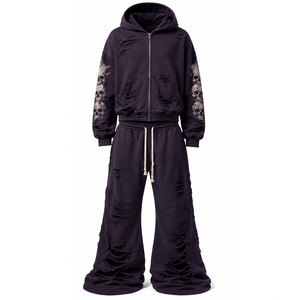 Chándal unisex con capucha y estampado de calavera gótica, de corte holgado y largo, para otoño, con bolsillos laterales y cremallera, color negro. - Product Image 2