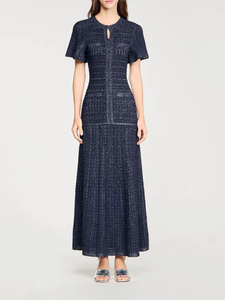 Abito Lungo in Maglia Testurizzata Effetto Scintillante Francese 2026 da Donna con <span class=keywords><strong>Maniche</strong></span> Corte a Volant e Bottoni Decorativi, <span class=keywords><strong>Vestito</strong></span> Formale da Sera Maxi - Product Image 1