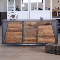 Vandana Crystal Balance Industrie-Sideboard in grauem Metall und massivem Mangoholz