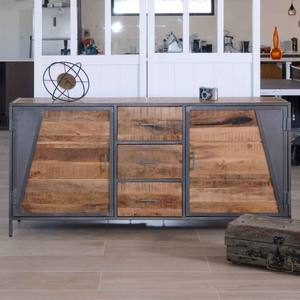 Vandana Crystal Balance industrial low <b>sideboard</b> in grey metal and solid mango wood - Product Image 1
