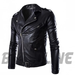 Men's Black PU <b>Leather</b> Moto <b>Jacket</b> Slim Fit Turn-down Collar Zipper Closure <b>Long</b> Sleeve Solid Color Autumn Wear - Product Image 5