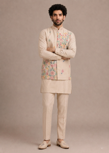 Floral Embroidered <b>Men</b> <b>Kurta</b> Pant Set Beige Satin Woven Formal Indian Outfit with Jacket - Product Image 4