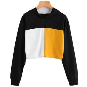 Hot <b>Sale</b> Custom Printed Long Sleeve Color Block Spliced Stand Collar Breathable Crop Hoodie <b>for</b> Women Winter Wholesale - Product Image 2