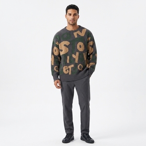 Suéter de punto para hombre al por mayor, 100% algodón, antipilling, cuello redondo, ajuste holgado, manga larga, con estampado de letras, estilo americano. - Product Image 3