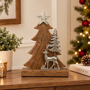 Decoración navideña de madera con ciervo plateado y estrella, adorno rústico de mesa para exhibir en las fiestas de invierno. - Product Image 2