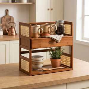Wooden Three Tier <b>Storage</b> <b>Rack</b> For <b>Kitchen</b> Countertop Spice Organization Minimalist Style Durable Standing Type with drawer - Product Image 3