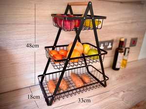Panier de rangement contemporain à 3 niveaux en métal noir pour fruits et légumes, élégant organisateur de cuisine, support pour bols - Product Image 4