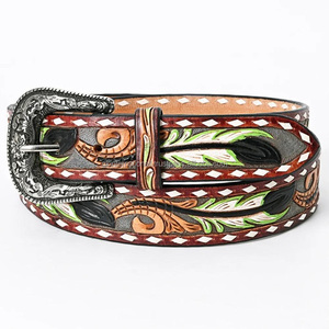 Cinturón Unisex de Cuero Occidental Hecho a Mano con Hebilla de Latón Grabada con Flores Elegantes, Cinturón Vaquero - Product Image 2