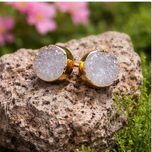 Natural Druzy Quartz Round Stud <b>Earrings</b> Gold Electroplated Bezel Set Crystal Stone Jewelry - Product Image 6
