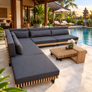 Sofá Seccional con Estructura de Madera de Teca y Cojín Gris Oscuro para Villa junto a la Piscina - Product Image 1