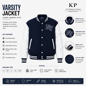 เสื้อแจ็คเก็ตบอมเบอร์สีขาวกรมท่าสำหรับผู้ชาย ปักโลโก้ NY สไตล์พรีปปี้ ผ้าแคนวาส โพลีเอสเตอร์/คอตตอน คอวี ทรงปกติ เหมาะสำหรับใส่ในฤดูหนาว ด้านหน้า - Product Image 1