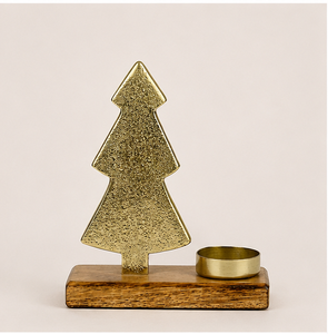 Handcrafted Gold Metal Christmas Tree <b>Tea</b> Light Holder On Mango Wood Base Modern Tabletop Centerpiece For Holiday Home Decor - Product Image 3