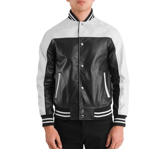 Chaqueta de Cuero Clásica Estilo Bomber para Hombre, en Blanco y Negro, con Botones a Presión y Ribete Acanalado, de Alta Calidad y Gran Venta - Product Image 2