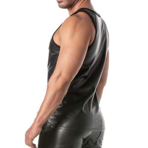 Camiseta sin mangas estilo cuero negro ajustada para hombre, ropa de club, sexy, para fiesta nocturna, top de moda. - Product Image 2