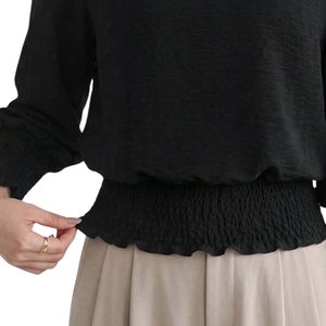 Women's Korean Solid <b>Long</b> Sleeve Blouse Neck Smocked Waist Cuffs Elegant Loose Fit Casual Office Wear Fashion <b>Top</b> - Product Image 5