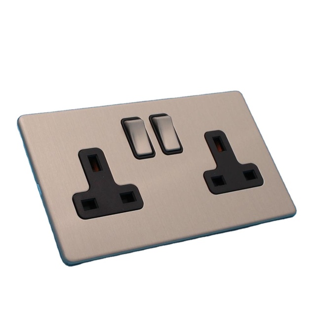 Wall Copper UK Metal Stainless Steel 13A IP44 Plug with Socket Double Outlet