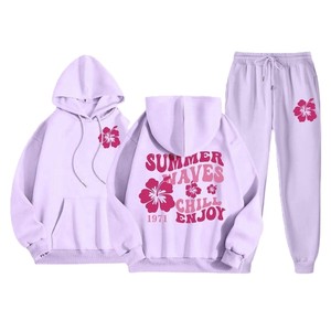 Ensemble sweat à capuche et pantalon de survêtement rose pour femme avec imprimé floral motif vagues estivales, coupe décontractée ample, manches longues, fermeture à cordon - Product Image 5