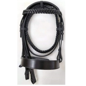 Conjunto de Brida de Cuero Negro Trenzado para Caballo de Caza con Narquera Ancha y Riendas con Cordones, Equipo de Equitación - Product Image 1
