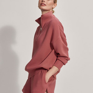 Sudadera con Cierre de Cremallera, Color Rojo Rosa Sólido, Corte Regular, Tejido de Punto con Spandex y Poliéster, Unisex, Estilo Minimalista, Cuello Alto, para Otoño - Product Image 2