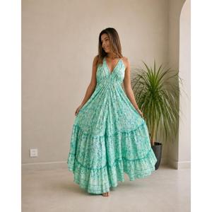 Vestido maxi de algodón con estampado floral bohemio natural, cuello en V, tirantes finos, cintura imperio, corte en A, largo hasta el suelo, vestido de verano para mujer - Product Image 1