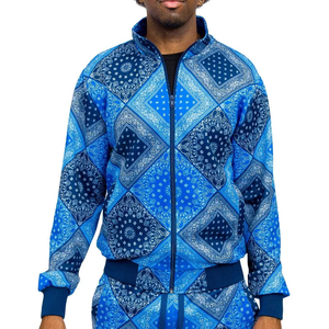 Survêtement pour homme bleu à imprimé géométrique, col montant, tenue décontractée respirante en polyester, idéal pour le printemps, avec poches latérales - Product Image 2