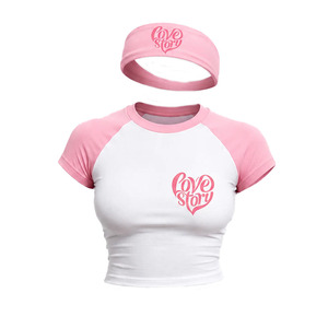 Women Pink Design 3 Piece Shorts Set <b>Raglan</b> Sleeve Crop <b>Top</b> Foldover Waist Headband Breathable Cotton Spandex Summer Loungewear - Product Image 2