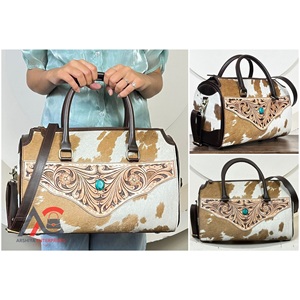New Customized Genuine <b>Leather</b> Cowhide Hair-On Duffel Bag Western Floral <b>Tooled</b> Speedy Bag Travel Handbag Turquoise Stone Style - Product Image 1