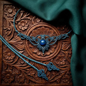 Handmade Macrame Teal Blue Pearl Choker <b>Necklace</b> Boho <b>Statement</b> Adjustable Cord Artisan Jewelry Wholesale Gift - Product Image 1