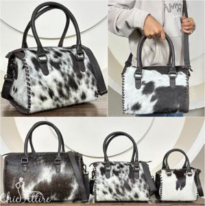 Bolsa de Viaje Deportiva de Cuero Vacuno 100% Genuino, Color Negro y Blanco, Tamaño Mediano, con Asa de Transporte, para Fin de Semana, de Lujo, para Gimnasio - Product Image 1