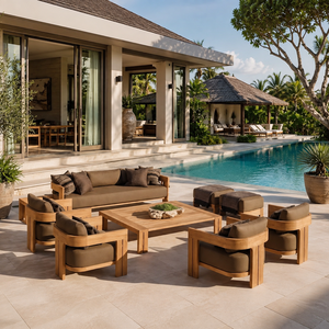 Ensemble de canapés d'extérieur en teck massif avec chaises longues, table basse et ottomanes pour villa, patio, resort, fournisseur australien - Product Image 1