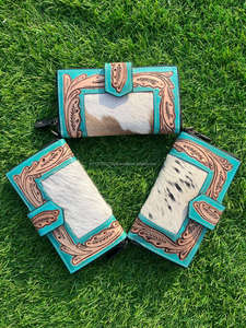Portefeuille sculpté à la main à motif occidental Pochette portefeuille élégant en cuir véritable en fourrure de vachette Multi utilisations portefeuilles en cuir occidental - Product Image 3