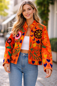 Reversible Quilted Eco-Friendly Breathable Winter Knitted Boho Orange Suzani Velvet Embroidered <b>Mandarin</b> <b>Collar</b> Bomber <b>Jacket</b> - Product Image 6
