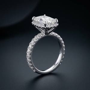 Anillo de compromiso de diamante cultivado en laboratorio con corte radiante, halo y micro pavé, banda pavé de corte redondo, solitario con detalles de boda - Product Image 3