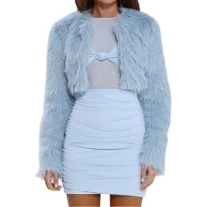 Opulento Bolero Corto de Piel Sintética Azul Hielo para Mujer, Chaqueta de Lujo Voluminosa con Frente Abierto y Brillo, Abrigo Corto de Felpa Personalizado B2B - Product Image 1