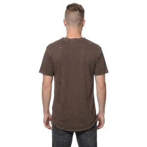 เสื้อยืดแขนสั้นผู้ชายสไตล์วินเทจทำสีซีดแบบดิสเทรส ผ้าฝ้าย 100% ทรงหลวม ซักแล้ว แต่งดีเทลรูขาดๆ สไตล์สตรีทแวร์ - Product Image 2