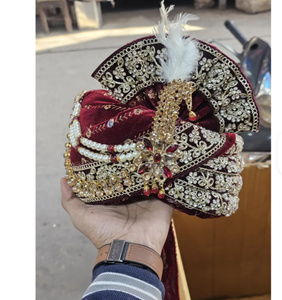Royal Maroon Velvet Groom Turban with Embroidery Indian Wedding Pagdi 55cm for Men - Product Image 2