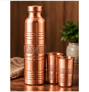 Classic Copper <b>Water</b> <b>Bottle</b> with Lid and Engraved Cup Oriental Carved Pattern <b>Metal</b> Flask Set - Product Image 2