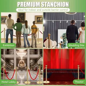 Lot de 4 poteaux de sécurité en acier inoxydable de 1,5 m avec corde en velours rouge et base creuse, pour la gestion des foules et supports de bannières - Product Image 2