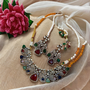 Joyas de Moda Nupcial Elegantes para Mujer, de Latón de Primera Calidad, Chapadas en Oro Étnico, Multicolores, con Dijes Navratan AD CZ Polki - Product Image 1