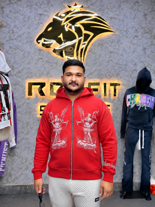 Sudadera con Capucha y Cremallera para Hombre, Diseño Nuevo, Transpirable, Color Rojo, Estilo Urbano, Estampado de Ángel, Felpa de Algodón, Corte Regular, Otoño - Product Image 1