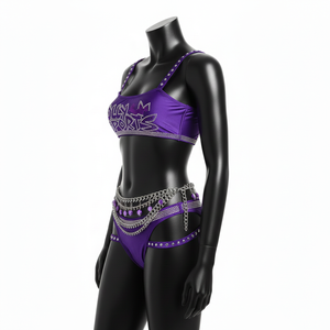 Conjunto de Bikini para Mujer, 230 GSM, Poliéster y Spandex, Diseño con Tiras y Pedrería Morada, Logotipo Personalizado con Pedrería Hotfix - Product Image 4