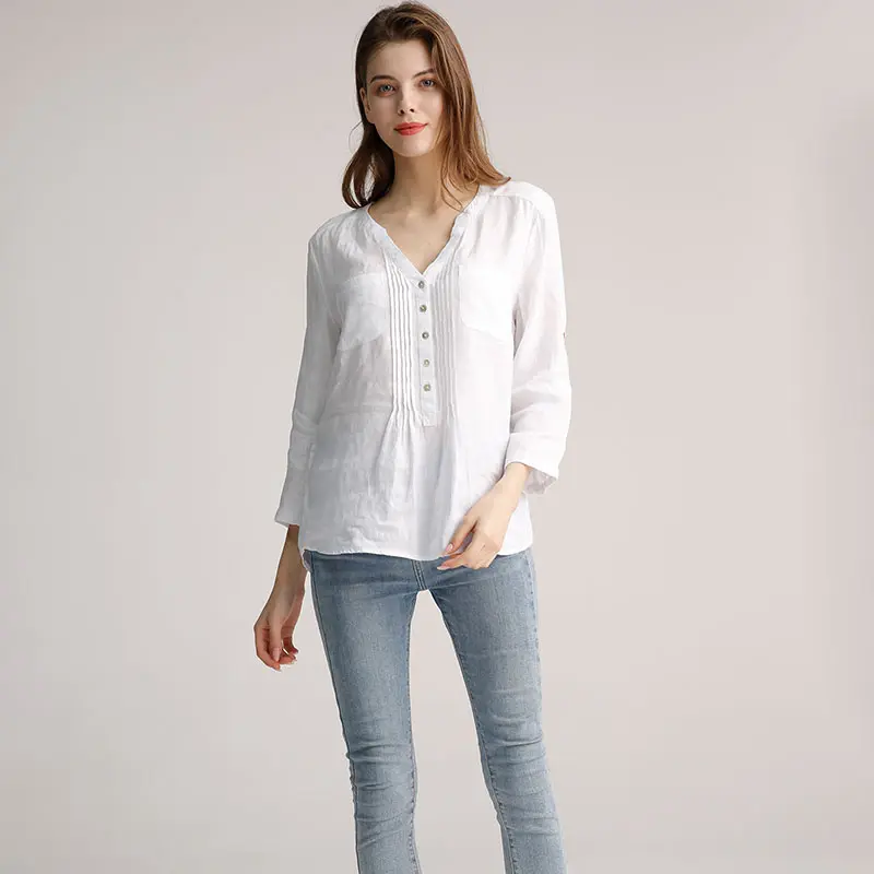 OEM white tops with button fashion womens blouse custom blouse women casual tops for women shirt blouse