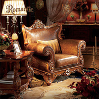 Set Sofa Mewah Eropa Antik Buatan Tangan untuk Ruang Tamu Villa & Hotel Bingkai Kayu Solid Berukir Hiasan Desain Kulit Elegan