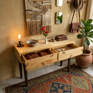 2 Drawer <b>Console</b> <b>Table</b> Leaf Motif Details Dark Tapered Legs Natural Solid Wood Entryway Sofa Side <b>Storage</b> <b>Table</b> Home Furniture - Product Image 2