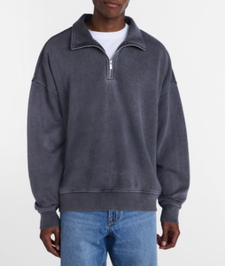 Personalized Custom Logo High-Quality 380 GSM 100% Cotton Heavyweight Fleece Boxy Fit Quarter <b>Zip</b> Acid Washed Sweatshirt for Men - Product Image 1