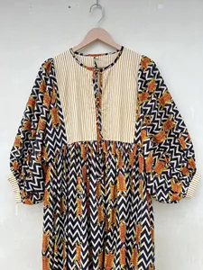 Robe midi décontractée d'été pour femme, coupe ample, imprimé tigre, col noué, manches bouffantes, en tissu tissé respirant, ourlet évasé - Product Image 1
