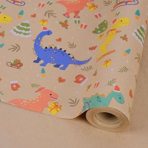 Rollos de Papel de Regalo Navideño Mini de 17 x 32 Pulgadas, Diseño de Dinosaurios Esquiando en la Nieve, Amarillo, Azul y Rojo, Artículos para Fiestas - Product Image 1