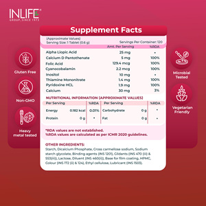 Tabletas de Vitamina B12 con Ácido Alfa Lipoico, B1, B5, B6, Folato e Inositol, 120 Unidades, Apoyo al Metabolismo Energético y a los Nervios - Product Image 6
