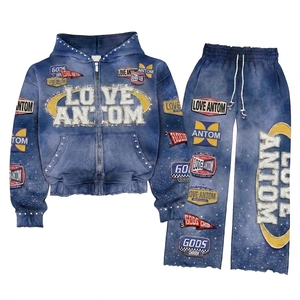 Custom Acid Wash <b>Vintage</b> <b>Tracksuit</b> Women Heavyweight Casual Baggy Flared Sweatpants Hoodie Set Streetwear Manufacturer Low MOQ - Product Image 1
